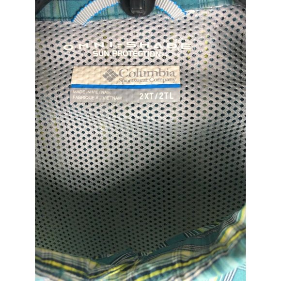 Columbia Men's 2XT Short Sleeve Mesh Green White Check Button Casual A67 - Picture 2 of 5